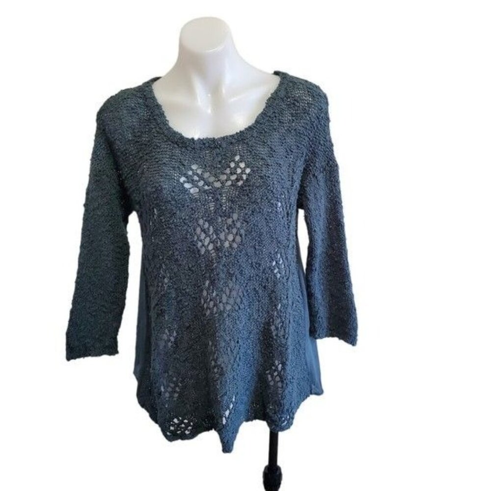 Anthropologie KNITTED & KNOTTED Sage Green Open Knit Boho Sweater Size Med